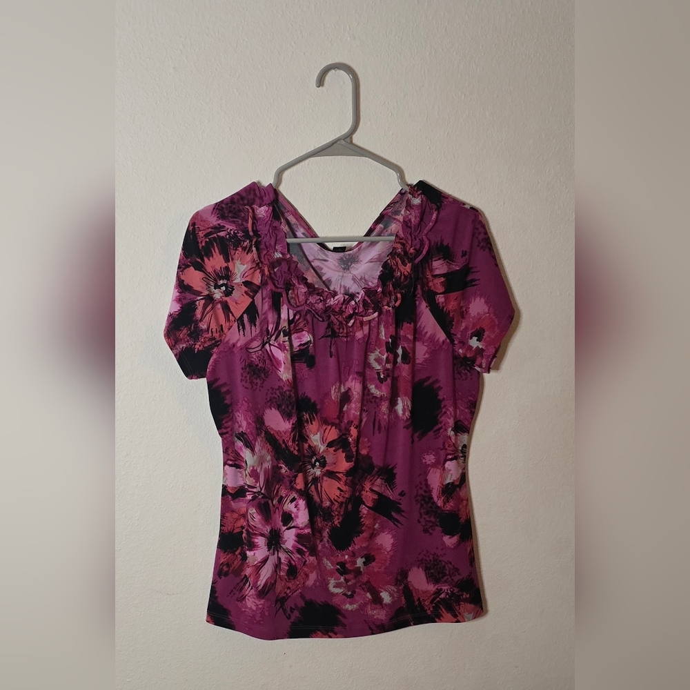East 5th Floral Office Blouse Purple Pink Short Sleeve Size L